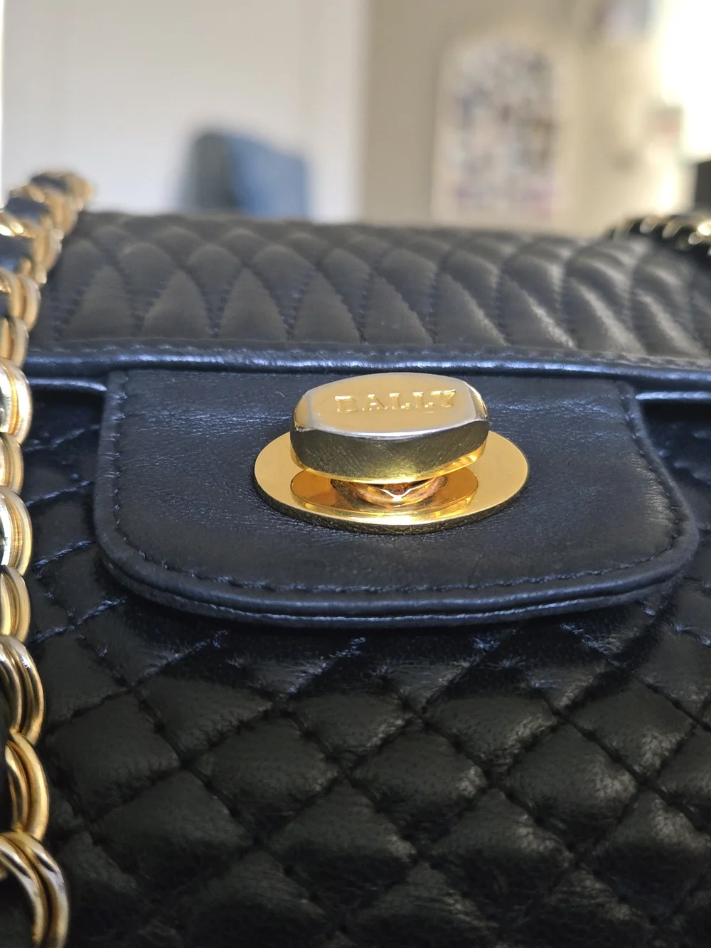 Quilted Vintage Bally Black Leather Chain Shoulder Bag with Gold Hardware